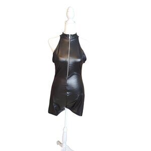PrettyLittleThing Black PU Zip Front Unitard Size 6
